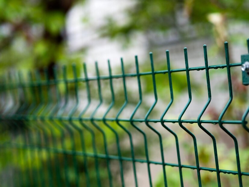 Green metal wire fence in a garden, with a blurred background highlighting the fence’s structure and function as a boundary