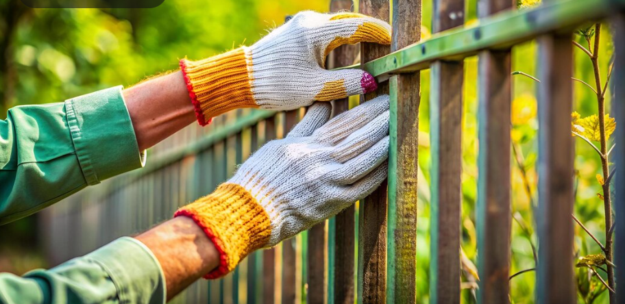 Cleaning maintenance tip: Scrubbing a green metal fence with gloves on.