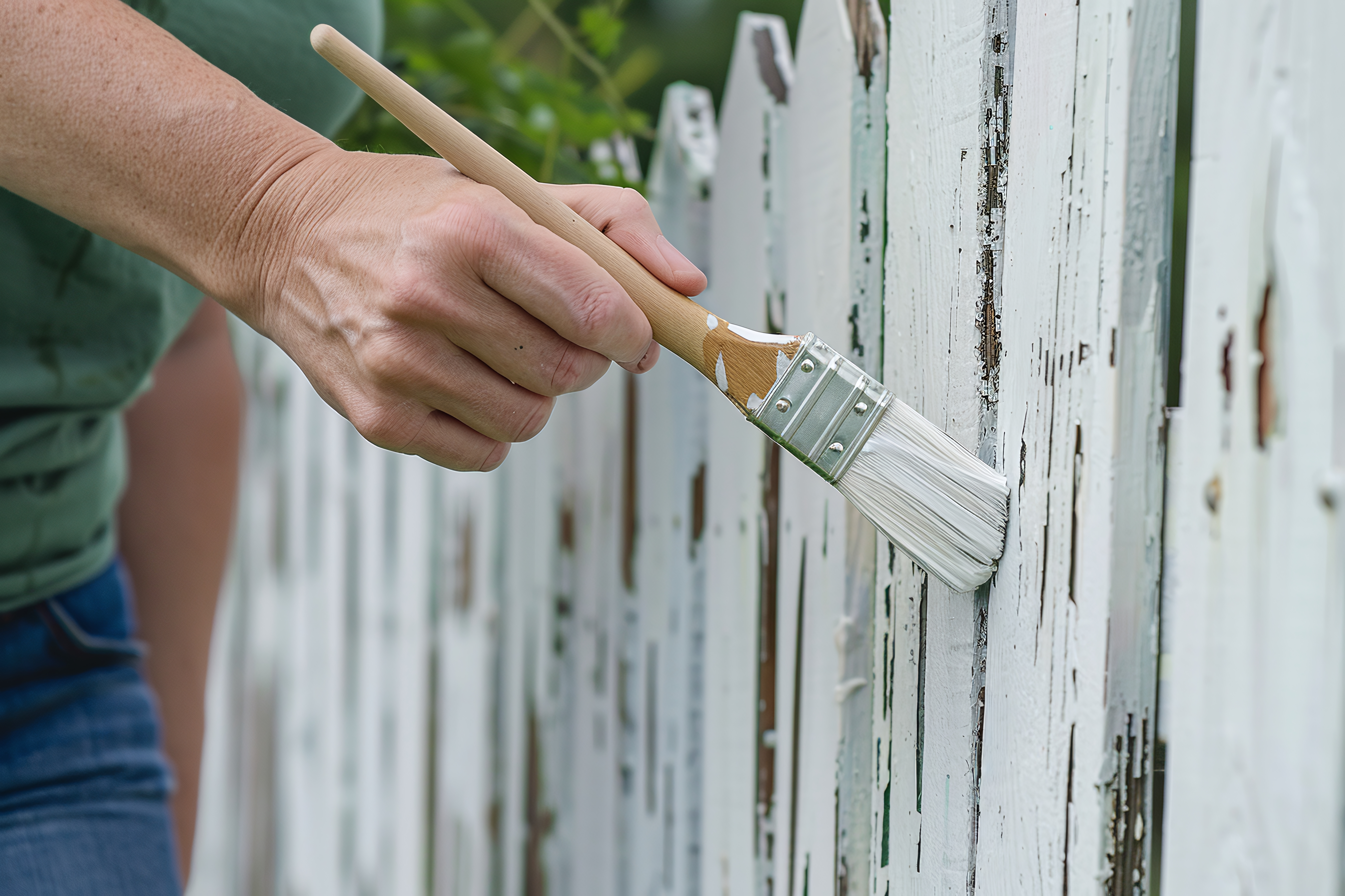 Fencing maintenance tip: Applying fresh white paint on an old wooden fence with peeling paint.