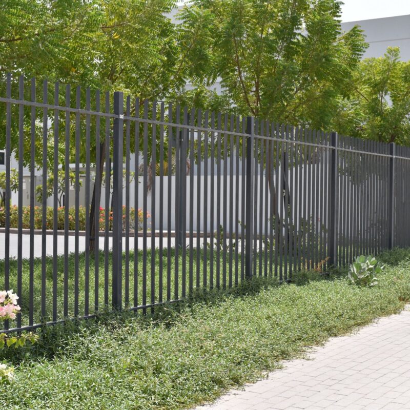 A metal fence with vertical bars situated alongside a paved walkway, with green bushes and trees behind it. The setting appears to be in an urban area with buildings in the background.