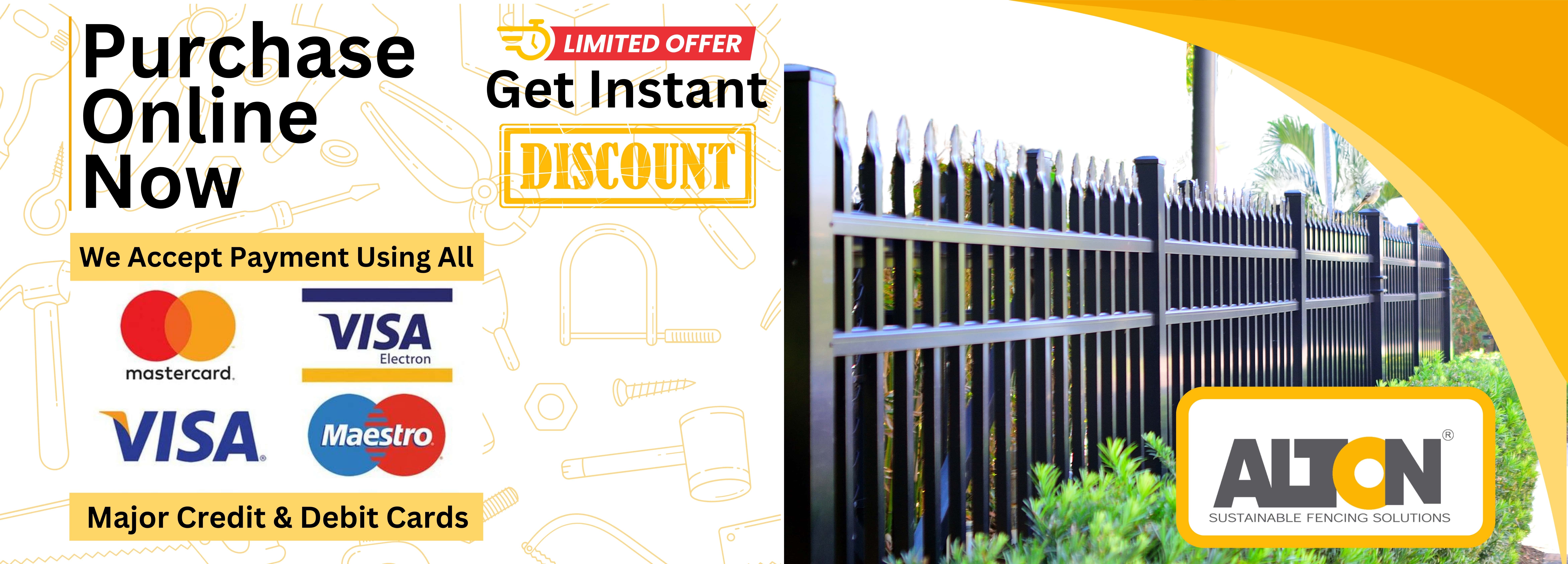 Advertisement banner for ALTON promoting sustainable fencing solutions, featuring a limited-time discount offer and various accepted payment methods.